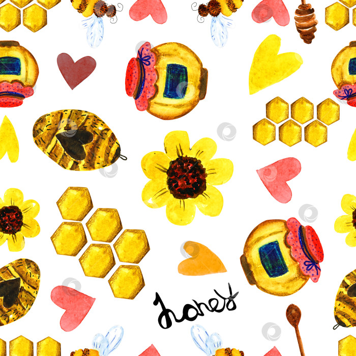 Скачать Бесшовный узор с символами улья, пчелы, пасеки и меда для дизайна здорового питания. фотосток Ozero