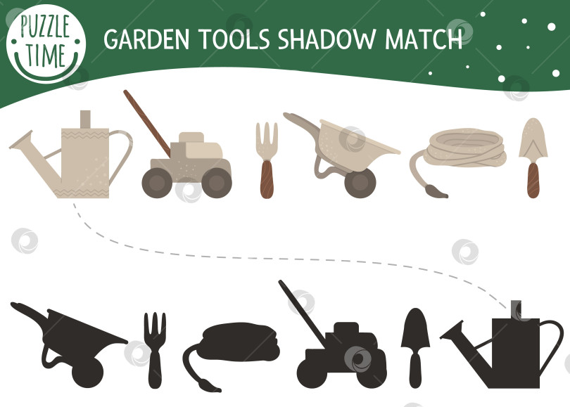 Скачать Занятие по подбору теней для детей с садовыми инструментами. Дошкольная головоломка с садовым инвентарем. Милая весенняя развивающая загадка. Найдите правильную игру с силуэтом. фотосток Ozero