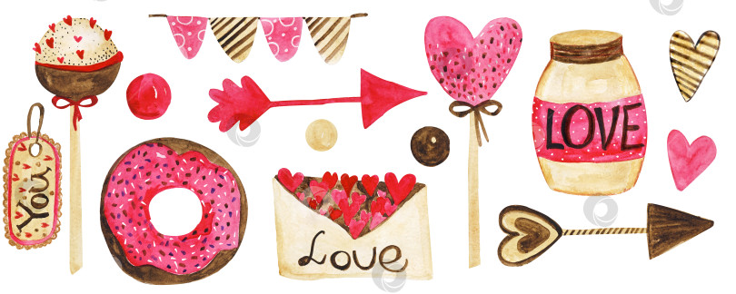 Скачать акварельный набор из конфет и милых вещиц на день Святого Валентина фотосток Ozero