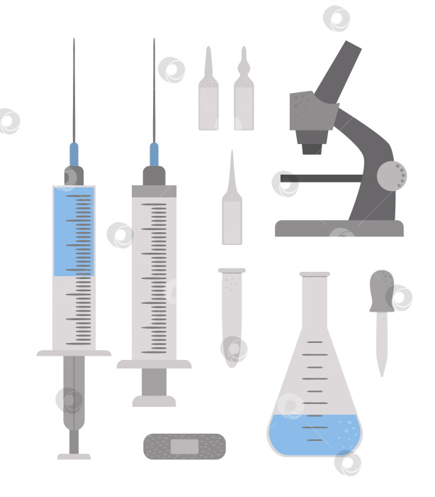 Скачать Набор векторных плоских медицинских иконок. Коллекция лабораторных исследований. Медицинское оборудование, выделенное на белом фоне. Клипарт для инъекций фотосток Ozero