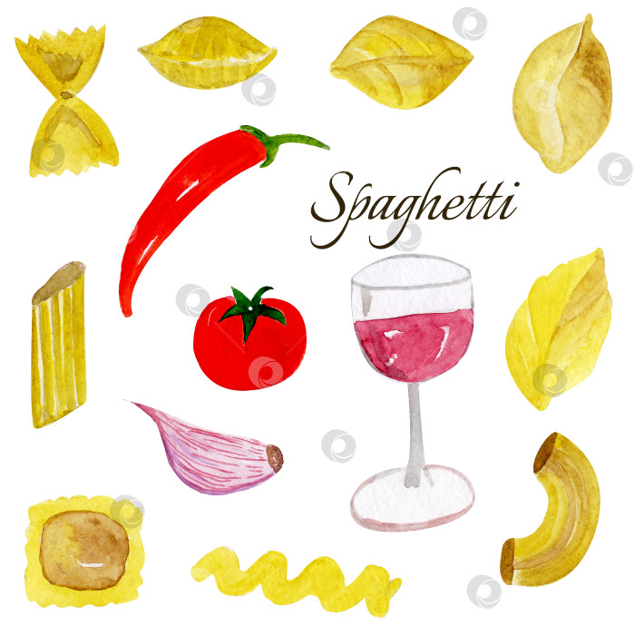 Скачать акварельные традиционные итальянские спагетти и макаронные изделия для вашей упаковки и дизайна фотосток Ozero