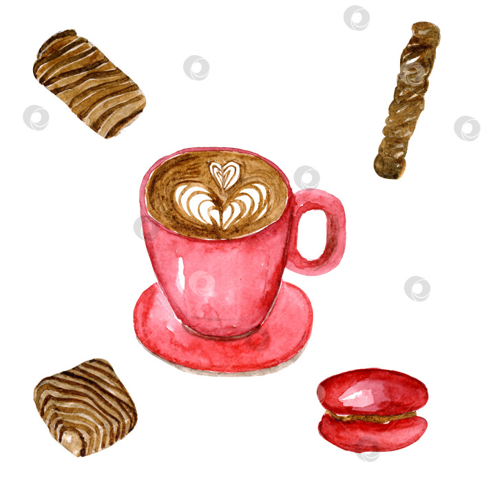 Скачать акварельная иллюстрация розовая кофейная чашка с шоколадными конфетами фотосток Ozero