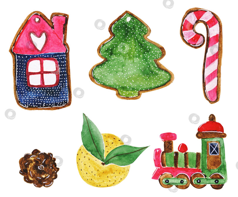 Скачать акварельная иллюстрация рождественских элементов игрушек и сладостей фотосток Ozero