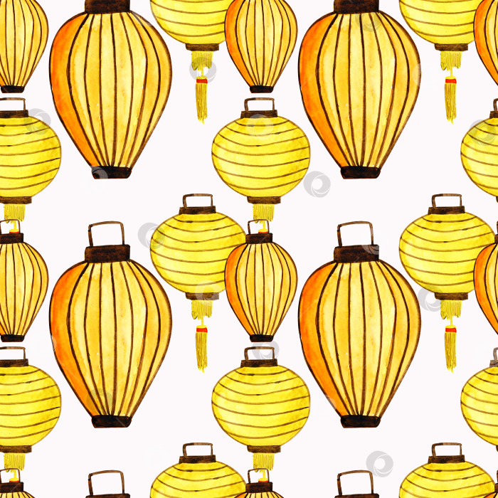 Скачать Акварельный бесшовный узор китайских бумажных желтых фонариков. фотосток Ozero