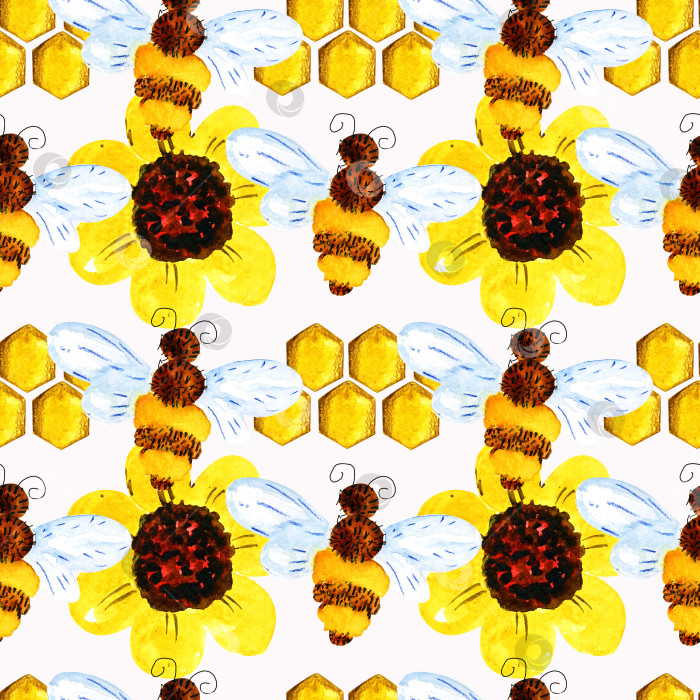 Скачать Бесшовный акварельный узор из медового сота и пчелы. фотосток Ozero