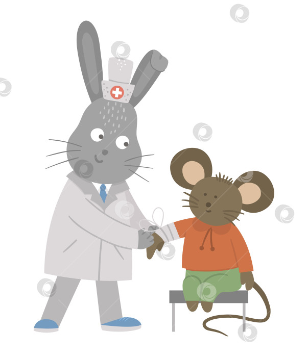 Скачать Векторный врач-животное, лечащий пациента. Кролик накладывает повязку на руку мыши. Милые забавные персонажи. Медицинская картинка для детей. Больничные сцены, изолированные на белом фоне фотосток Ozero