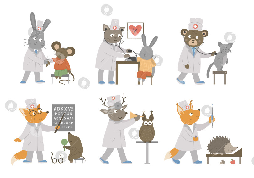 Скачать Набор векторных врачей-животных, лечащих пациентов. Милые забавные персонажи. Медицинская картинка для детей. Больничные сцены, изолированные на белом фоне фотосток Ozero