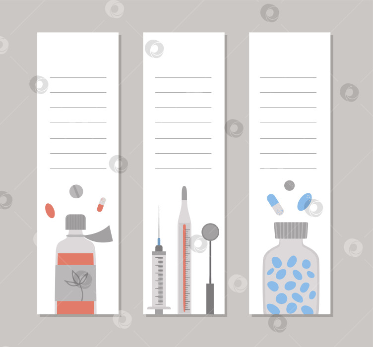 Скачать Набор шаблонов карточек вертикального макета векторной медицины. Брошюра, флаер, баннер, закладка - готовые дизайны с милыми мультяшными медицинскими элементами. Плоская иллюстрация здравоохранения. фотосток Ozero