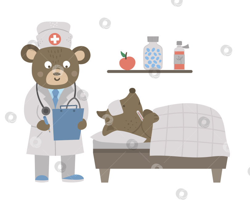 Скачать Векторный врач-животное, лечащий пациента. Медведь делает пометки в анамнезе у постели пациента. Милые забавные персонажи. Медицинская картинка для детей. Сцена больницы, изолированная на белом фоне фотосток Ozero