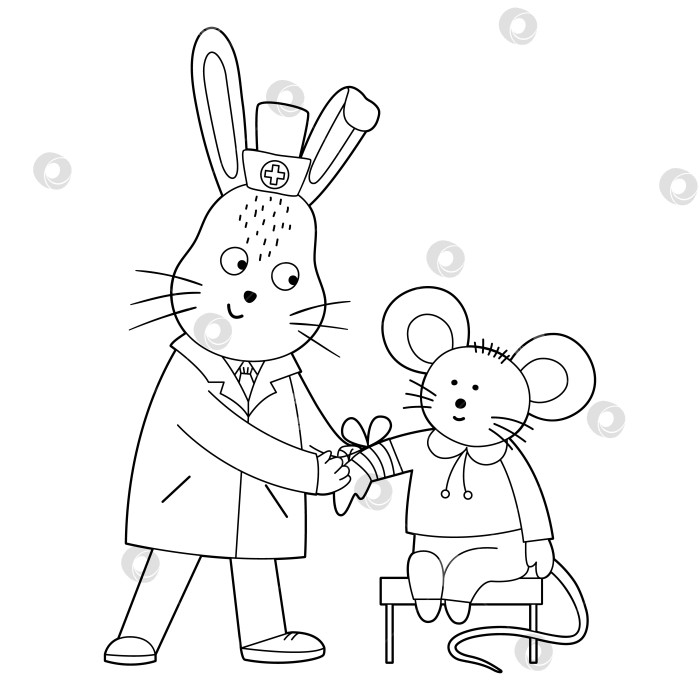 Скачать Векторный контур врача-животного, лечащего пациента. Кролик накладывает повязку на руку мыши. Милые забавные персонажи. Медицинская раскраска для детей. Сцена больницы, изолированная на белом фоне фотосток Ozero