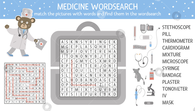 Скачать Векторная головоломка для поиска слов в области здравоохранения с картинками. Викторина по медицине для детей. Образовательное занятие по разгадыванию кроссвордов с симпатичным медицинским оборудованием и доктором фотосток Ozero