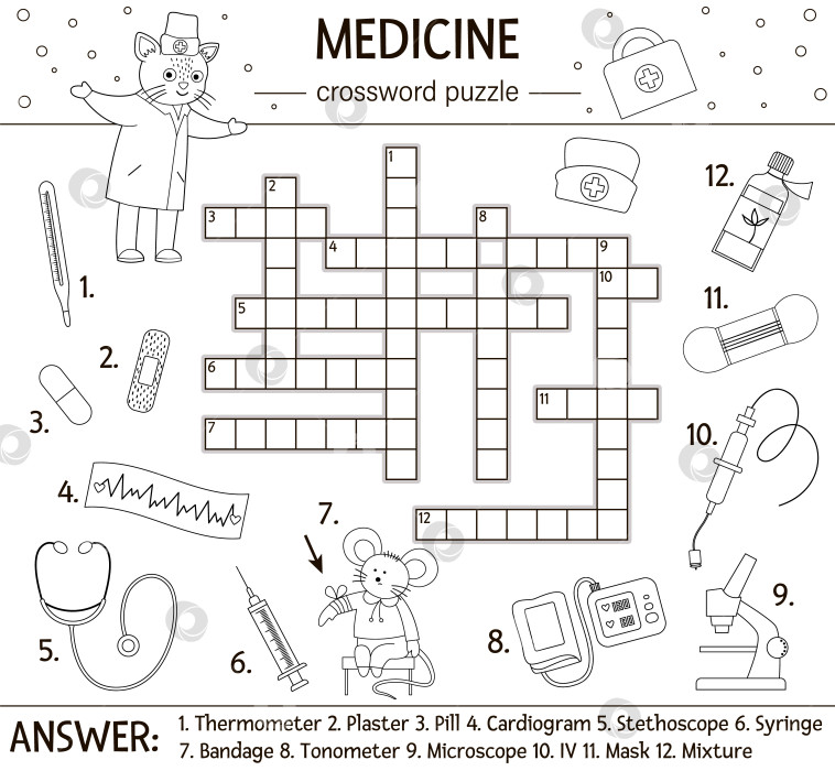 Скачать Векторный кроссворд с набросками здравоохранения. Викторина по медицине для детей. Образовательное праздничное мероприятие с симпатичным медицинским оборудованием и доктором. Веселая раскраска для детей фотосток Ozero