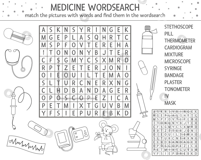 Скачать Векторная головоломка для поиска слов в набросках здравоохранения с картинками. Викторина по медицине для детей. Развивающая раскраска или разгадывание кроссворда с симпатичным медицинским оборудованием и доктором фотосток Ozero