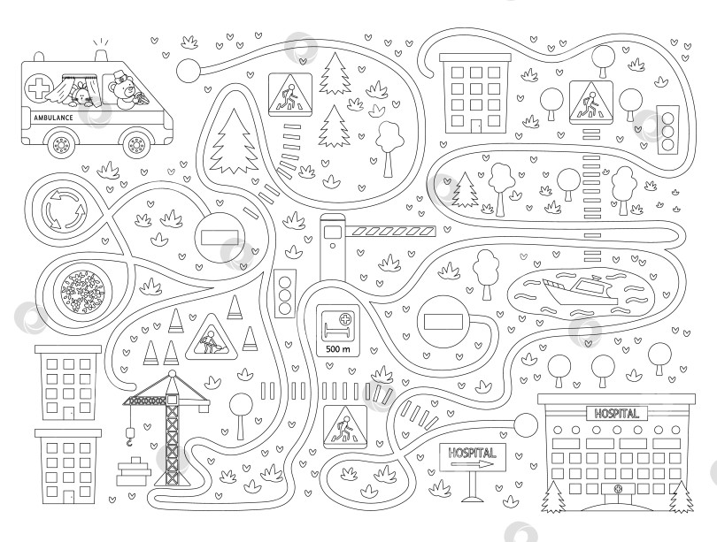 Скачать Медицинский лабиринт для детей на черном фоне. Деятельность в области дошкольной медицины. Забавная игра-головоломка с милой машиной скорой помощи и клиникой. Помогите машине скорой помощи добраться до больницы. фотосток Ozero