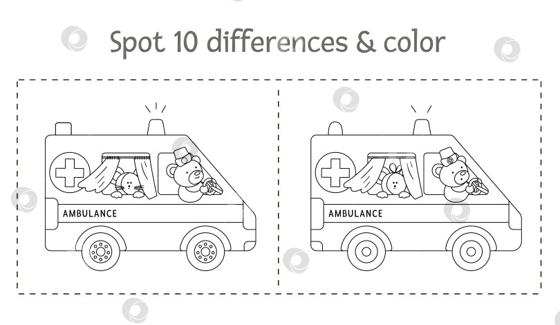 Скачать Медицинская игра "Найди отличия" и раскраска для детей. Медицинское дошкольное занятие с машиной скорой помощи и милыми персонажами. Головоломка со специальным аварийным транспортом. фотосток Ozero
