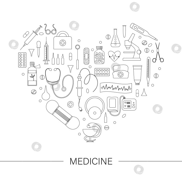 Скачать Векторная рамка с контурами медицинского оборудования и инструментов. Дизайн баннера Medicine line elements оформлен в форме сердца. Милый забавный шаблон карточки медицинского обслуживания, чека или исследования. фотосток Ozero