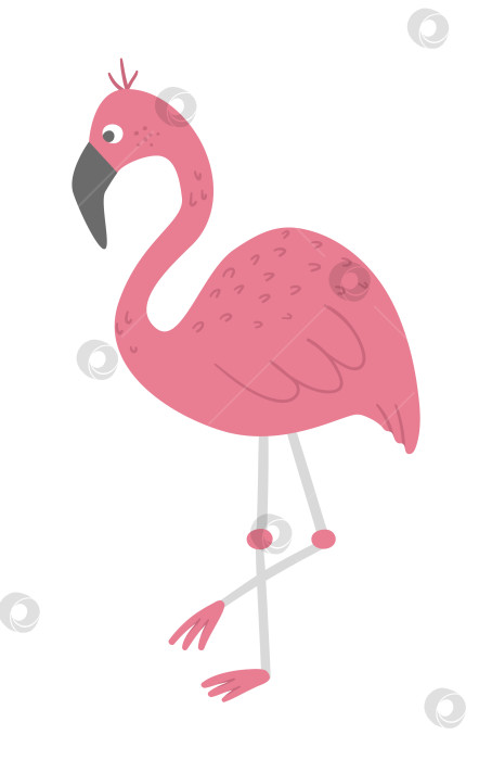 Скачать Векторный милый забавный розовый фламинго, изолированный на белом фоне. Забавная иллюстрация тропической экзотической птицы. Яркая плоская картинка для детей. Летний клип в джунглях фотосток Ozero