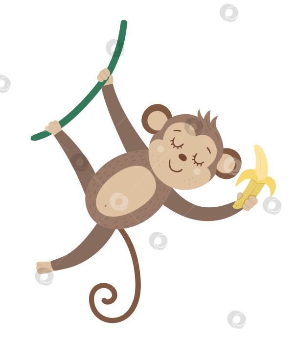 Скачать Векторная симпатичная обезьянка, висящая на лиане с бананом, изолированным на белом фоне. Забавная иллюстрация тропических животных и фруктов. Яркая плоская картинка для детей. Летний клип в джунглях фотосток Ozero