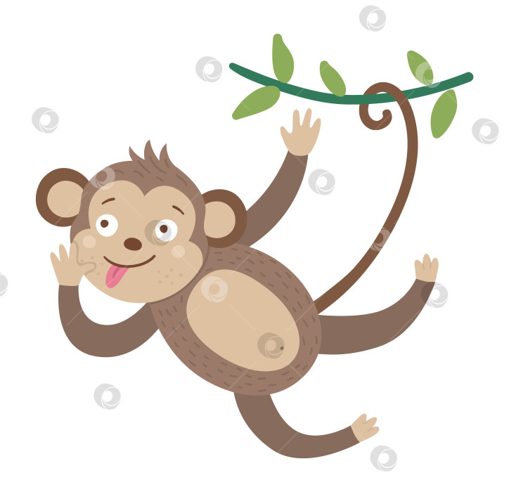 Скачать Векторная симпатичная обезьянка, висящая на лиане с высунутым языком, изолированная на белом фоне. Забавная иллюстрация тропических животных и фруктов. Яркая плоская картинка для детей. Летний клип в джунглях фотосток Ozero