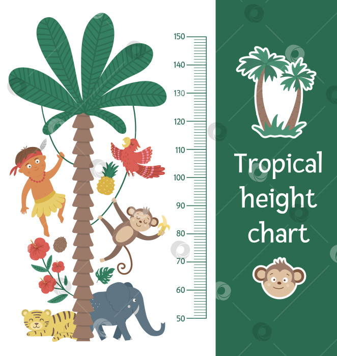 Скачать Векторная симпатичная диаграмма роста с экзотическими животными, африканским мальчиком, листьями, цветами, фруктами. Забавное украшение стен с изображением тропических аборигенов, обезьяны и растений. Плакат "Лето в джунглях" для детей фотосток Ozero