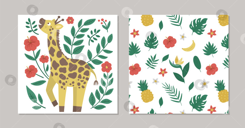 Скачать Набор векторных летних готовых дизайнов с тропическими животными, растениями и цветами. Забавные экзотические квадратные шаблоны подарочных карт с милыми персонажами джунглей. Жираф с листьями и цветами гибискуса фотосток Ozero