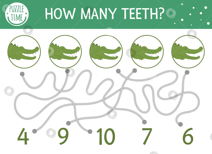 Скачать Тропический математический лабиринт для детей. Летнее занятие для дошкольников. Образовательная дополнительная загадка. Забавная математическая игра-головоломка с крокодилами. Симпатичный рабочий лист для подсчета. Сколько зубов? фотосток Ozero