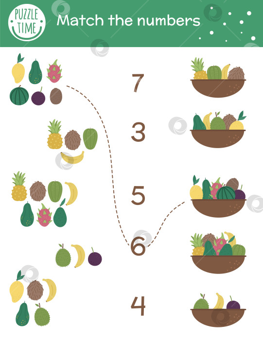Скачать Комбинационная игра с корзинками и экзотическими фруктами. Тропическое математическое занятие для детей дошкольного возраста. Таблица подсчета тропиков. Обучающая загадка с милыми забавными элементами. Простая летняя игра для детей фотосток Ozero