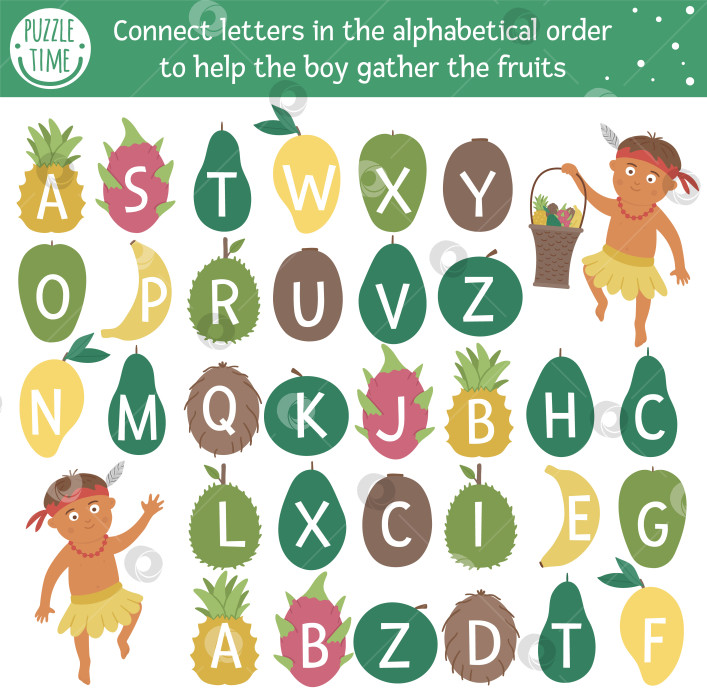 Скачать Тропическая азбучная игра с милыми персонажами. Экзотический алфавитный лабиринт для детей дошкольного возраста. Выбирайте буквы от А до Я, чтобы помочь мальчику собрать фрукты. Простая летняя игра для детей фотосток Ozero