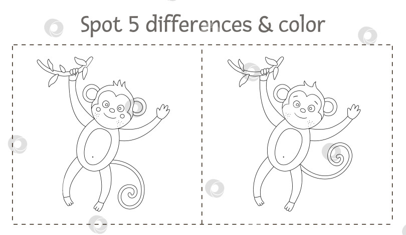 Скачать Тропическая игра "Найди отличия" и "раскрась" для детей. Летнее черно-белое дошкольное занятие в тропиках с обезьяной. Веселая раскраска для детей фотосток Ozero