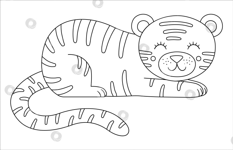 Скачать Векторный милый контур тигра. Забавная черно-белая иллюстрация тропического экзотического животного. Веселая раскраска для детей. Летний клип в джунглях фотосток Ozero