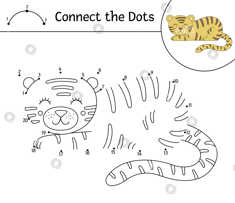 Скачать Векторное упражнение от точки к точке с милым животным. Игра "Соедини точки". Рисунок линии тигра. Забавная тропическая раскраска для детей. фотосток Ozero