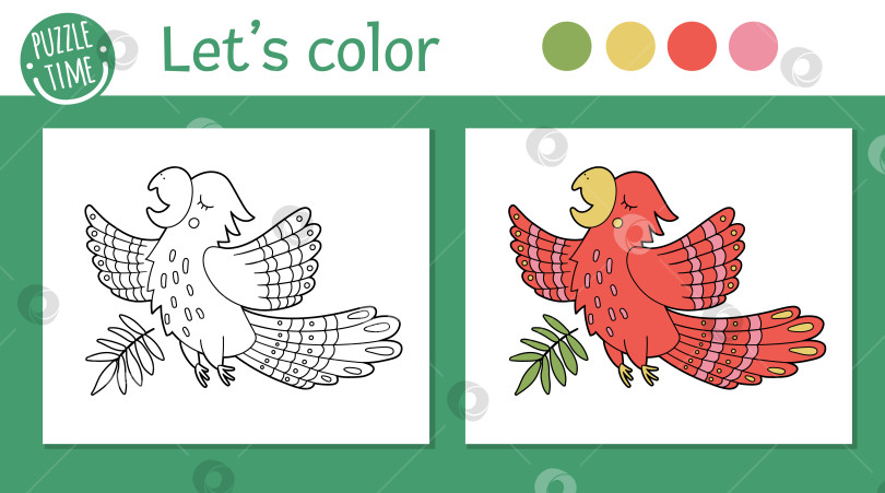 Скачать Тропическая раскраска для детей. Векторная иллюстрация попугая. Милый забавный контур персонажа животного. Раскраска "Летние джунгли" для детей с цветной версией и примером фотосток Ozero