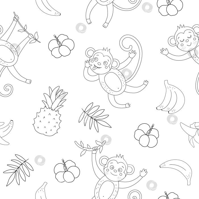 Скачать Векторный черно-белый бесшовный узор с милыми обезьянками и бананами. Забавные тропические животные и цифровая бумага с фруктами. Монохромный фон для детей. Летняя текстура джунглей фотосток Ozero
