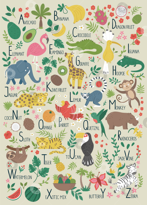 Скачать Тропический алфавит для детей. Симпатичная плоская азбука с животными джунглей, фруктами, птицами, растениями. Забавный плакат вертикального макета для обучения чтению на бежевом фоне. фотосток Ozero