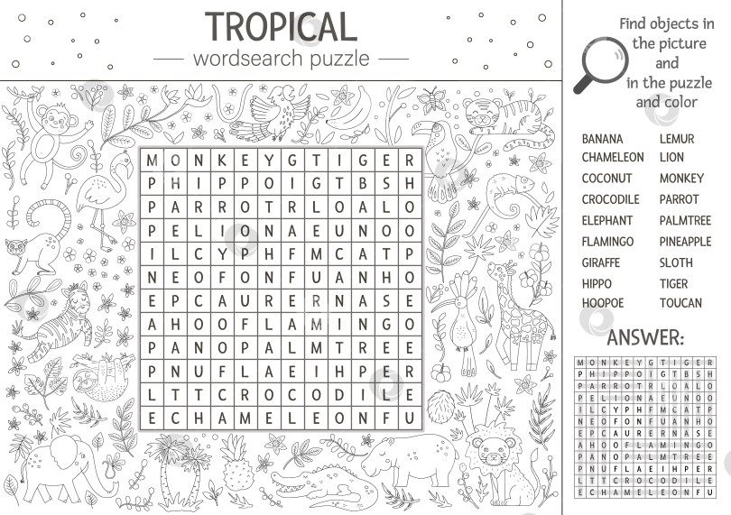 Скачать Векторная летняя головоломка для поиска слов. Ключевое слово с тропическими животными и птицами для детей. Образовательный черно-белый кроссворд в джунглях с милыми персонажами. Веселая раскраска для детей фотосток Ozero