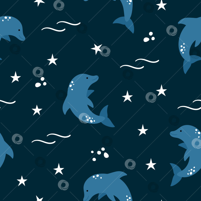 Скачать Векторный бесшовный узор "прыгающий дельфин" на темно-синем фоне. Цифровая бумага с милыми морскими животными. Текстура морской воды летней ночи. Симпатичное украшение в виде плоской рыбки для детей. фотосток Ozero