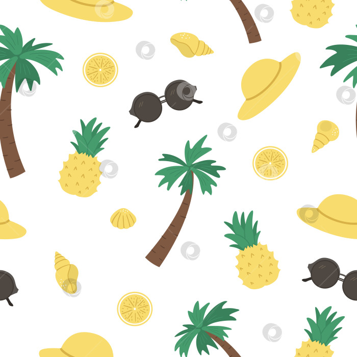 Скачать Векторный бесшовный узор с летними элементами. Симпатичный плоский фон для детей с пальмой, ананасом, солнцезащитными очками, морскими ракушками. Текстура пляжного отдыха фотосток Ozero