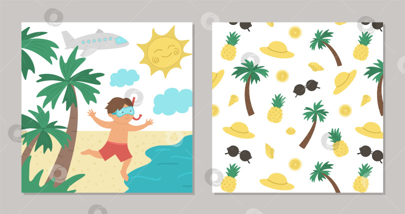 Скачать Векторный мальчик, бегущий к морю. Плоская иллюстрация тропического пляжа с забавным ребенком, водой, пальмами, солнцем. Симпатичная летняя концепция для детей. Забавный шаблон дизайна открытки или баннера с рисунком на обратной стороне фотосток Ozero