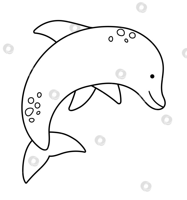 Скачать Векторный черно-белый прыгающий дельфин, изолированный на белом фоне. Симпатичная иллюстрация морского животного. Летняя раскраска для детей. Симпатичная картинка с плоской рыбкой для детей. Значок пляжа для отдыха. фотосток Ozero
