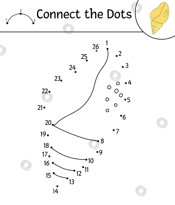 Скачать Векторная работа от точки к точке с милой морской раковиной. Игра "Соедини точки". Рисунок линии морской раковины. Забавная летняя раскраска для детей. фотосток Ozero