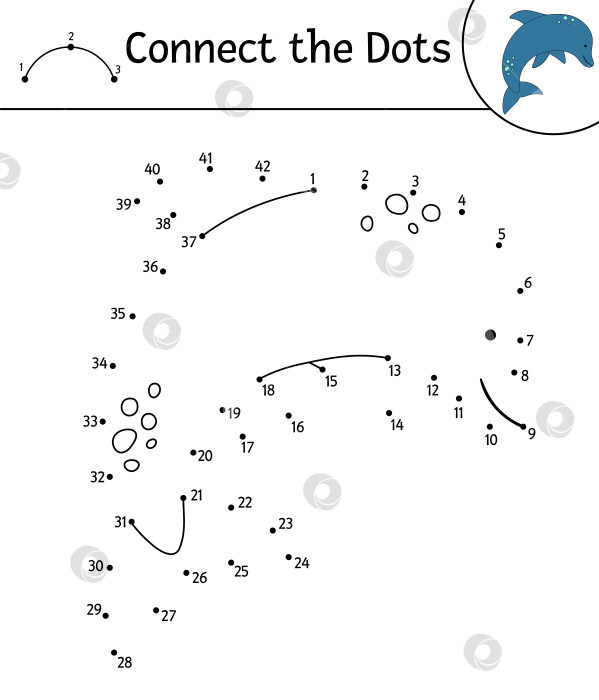 Скачать Векторное упражнение от точки к точке с милым животным. Игра "Соедини точки". Рисунок линии дельфина. Забавная летняя раскраска для детей. фотосток Ozero