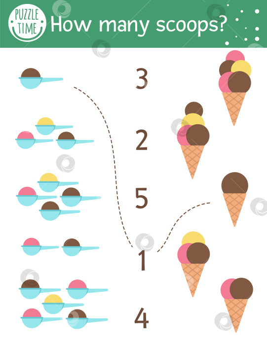 Скачать Комбинационная игра с рожками и шариками для мороженого. Летнее занятие по кулинарной математике для детей дошкольного возраста. Рабочий лист для подсчета пляжного отдыха. Обучающая печатная продукция с милыми забавными элементами для детей фотосток Ozero