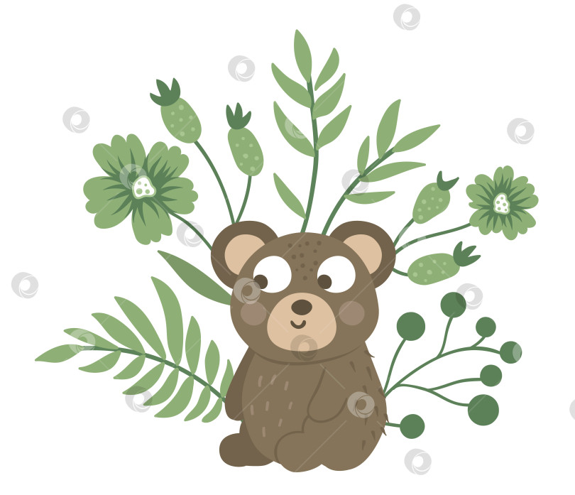 Скачать Векторный нарисованный от руки плоский медвежонок с листьями, веточками и цветами. Забавная сцена с лесным животным. Симпатичная лесная анималистическая иллюстрация для детского дизайна, печати, канцелярских принадлежностей фотосток Ozero