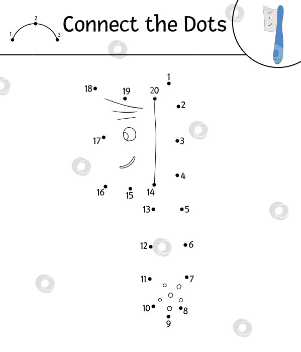 Скачать Векторное упражнение "точка в точку" с милой кавайной зубной щеткой. Игра "Соедини точки". Забавный персонаж по уходу за зубами. Клипарт с набросками на стоматологическую тематику для детей. Раскраска для гигиены полости рта фотосток Ozero
