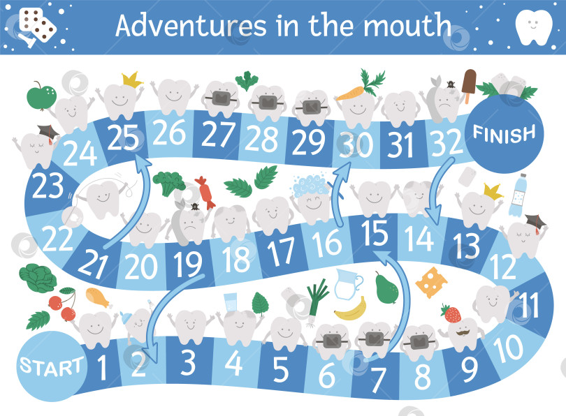 Скачать Настольная игра "Стоматологическое приключение" для детей с милыми персонажами. Обучающая настольная игра по медицине зубов. Деятельность по уходу за зубами. Учебный лист по гигиене полости рта. фотосток Ozero