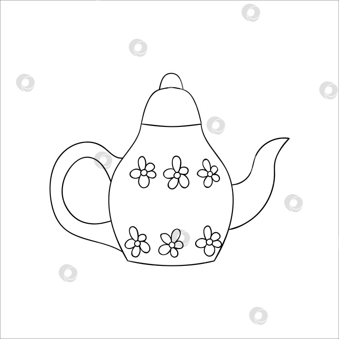 Скачать Значок линии заварочного чайника. Черно-белая векторная иллюстрация чайника. Линейный художественный чайник, выделенный на белом фоне. Кухонное оборудование в стиле каракулей фотосток Ozero