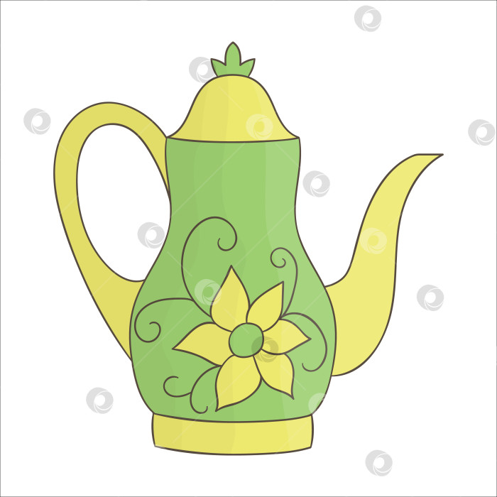 Скачать Значок чайника. Яркая векторная иллюстрация чайника. Цветной чайник, выделенный на белом фоне. Кухонное оборудование в стиле каракулей фотосток Ozero