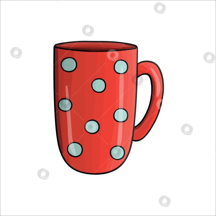 Скачать Мультяшный значок кофейной кружки. Цветная векторная иллюстрация чайной чашки. Линейная художественная посуда в красный горошек, выделенная на белом фоне. Кухонная посуда в стиле каракулей фотосток Ozero