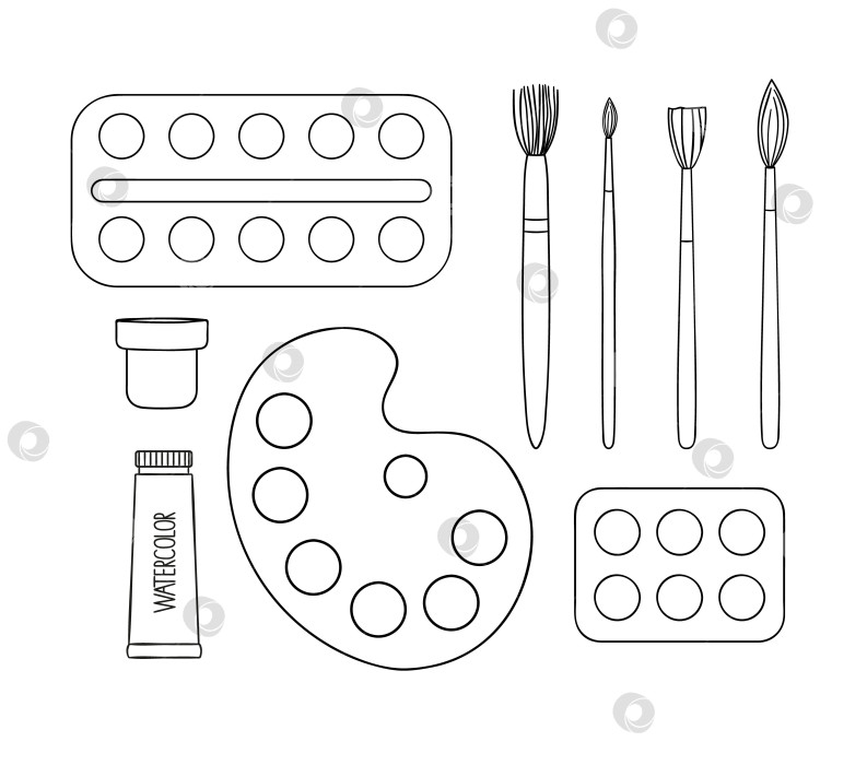 Скачать Набор значков краски и линий кисти. Векторные черно-белые канцелярские принадлежности, материалы для рисования, офисные или школьные принадлежности, изолированные на белом фоне. Мультяшный стиль фотосток Ozero