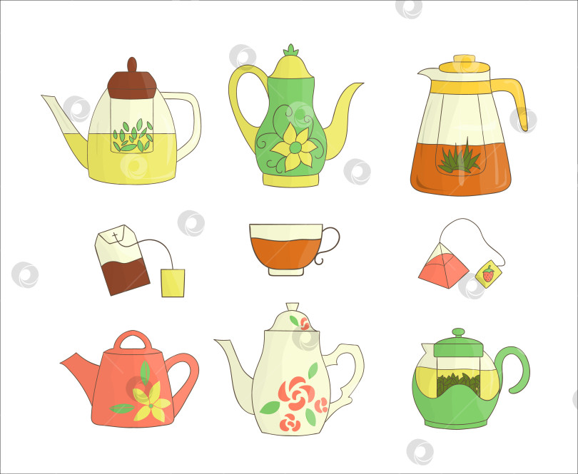 Скачать Набор значков для чайника. Яркая векторная иллюстрация чайника. Цветные чайники, выделенные на белом фоне. Коллекция кухонного оборудования в стиле каракули фотосток Ozero